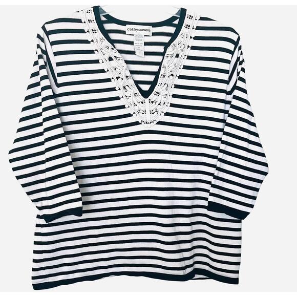 CATHY DANIELS LONG SLV PULL-OVER V-NECK TOP, WOMENS, 1X, BLACK & WHITE STRIPES - Picture 1 of 11